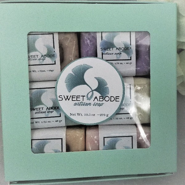 Artisan Soap Sampler Six 1.75 ounce selection of artisan soap packaged in a aqua window, gift box